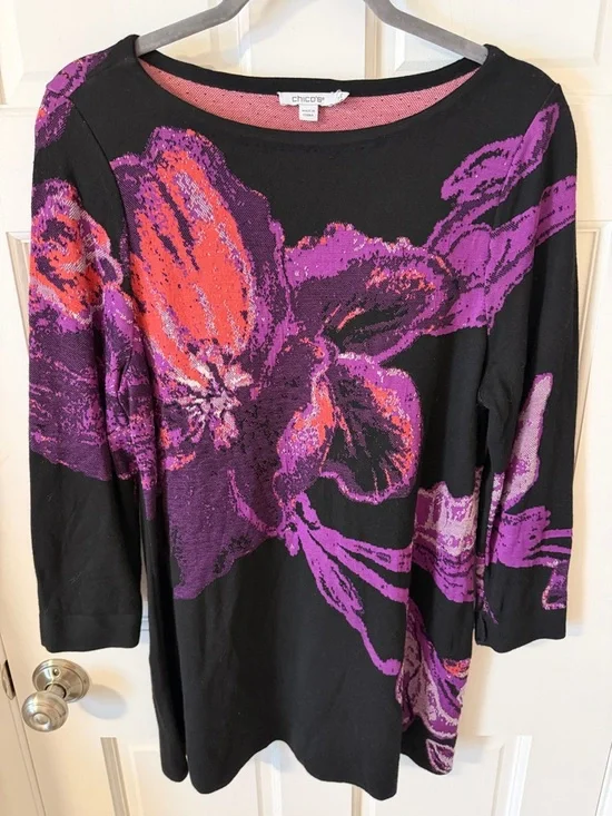 Chico's Black & Purple Floral Jacquard Roll Cuff Tunic Sweater size Large - Picture 2 of 7